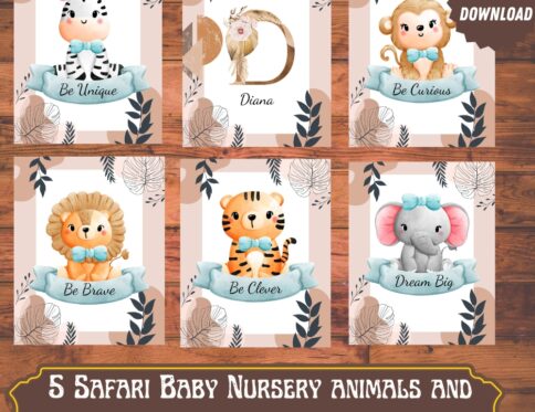 Safari Nursery Wall Art | Set of 6 | Jungle Nursery Decor | Safari Baby Animal Prints with Custom Name