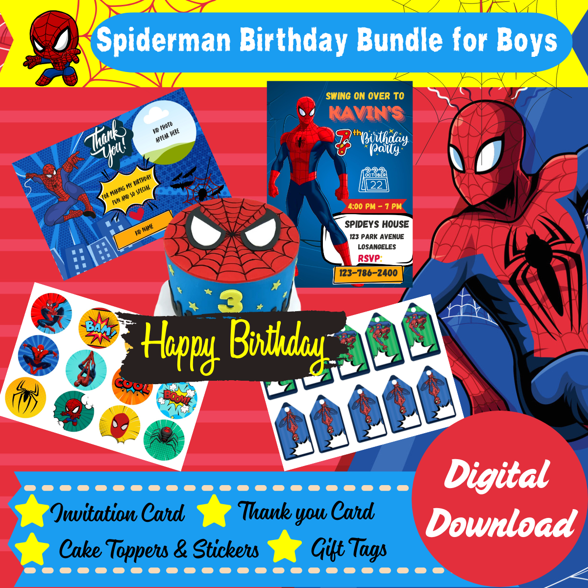 Spiderman Themed Birthday Party Decor Bundle – Printable Kit (Instant Download)