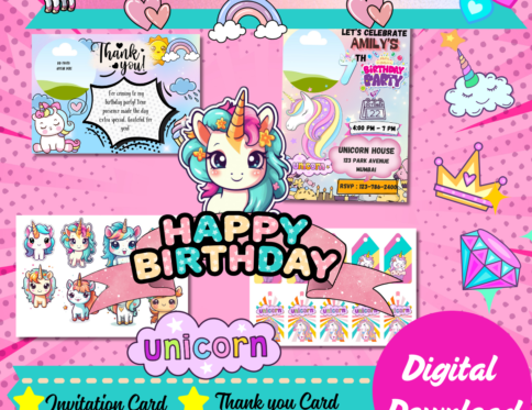 Unicorn Themed Birthday Party Decor Bundle – Printable Kit (Instant Download)