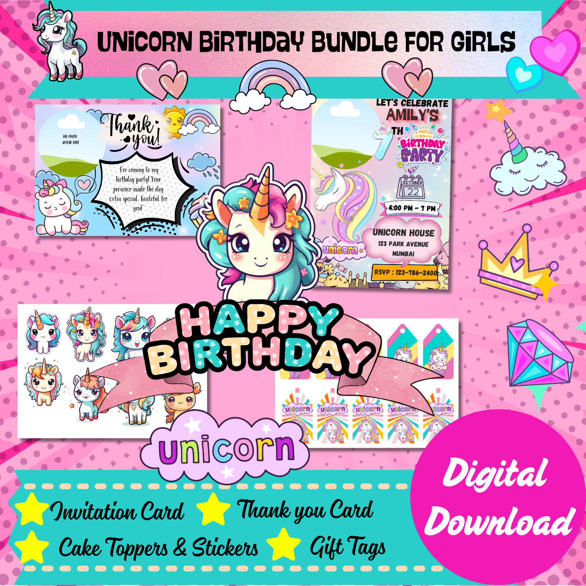 Unicorn Themed Birthday Party Decor Bundle – Printable Kit (Instant Download)